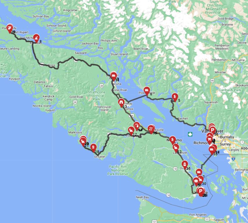 RV trip route planner from Vancouver